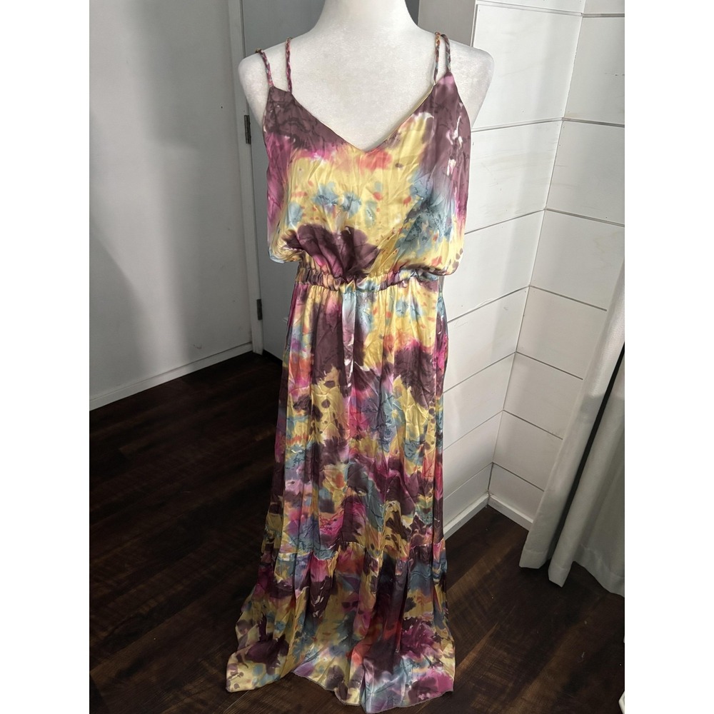 Alexis Dress Womens Large Multicolor Tie Dye Satin Maxi Sundress Boho Summer